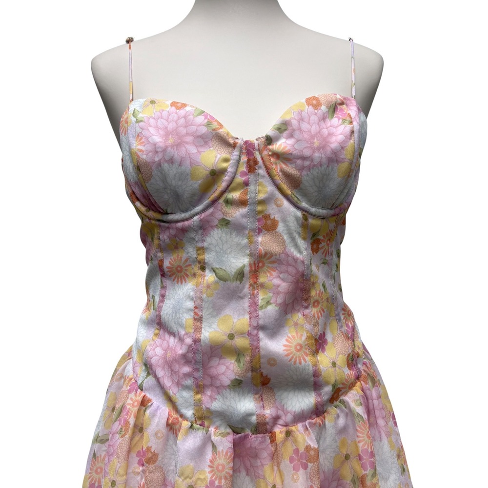 For Love & Lemons Carrie Corset Mini Dress XL Pink Floral Coquette Ruffle Pastel - Picture 3 of 11